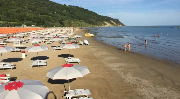 Ampia baia flaminia spiaggia con file di ombrelloni e lettini, bagnanti in acqua e una collina verde sullo sfondo.