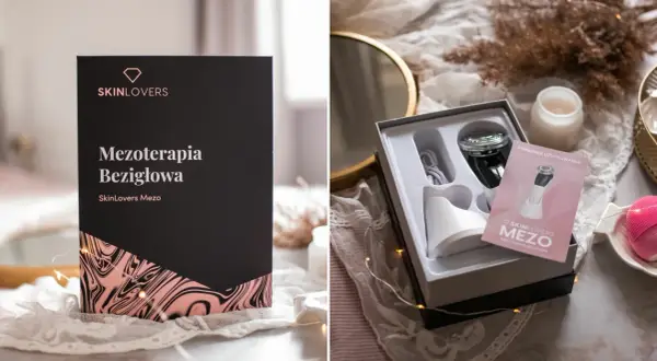 Zestaw do mezoterapii bezigłowej w domu Skinlovers Mezo. Urządzenie w pudełku, instrukcja i różowa szczoteczka.