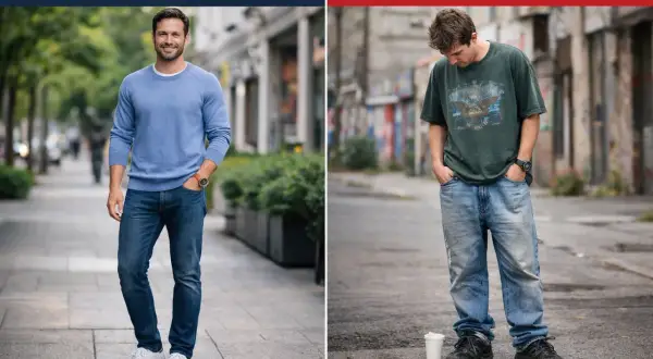 Un homme arbore un style casual réussi avec un pull bleu et un jean. À côté, un autre homme montre un style casual moins maîtrisé.