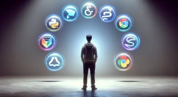 Un développeur face à un arc lumineux d'icônes représentant tous les langages de programmation.