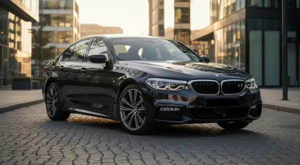 Czarny BMW M5 G30 lśni w słońcu na tle nowoczesnych budynków.