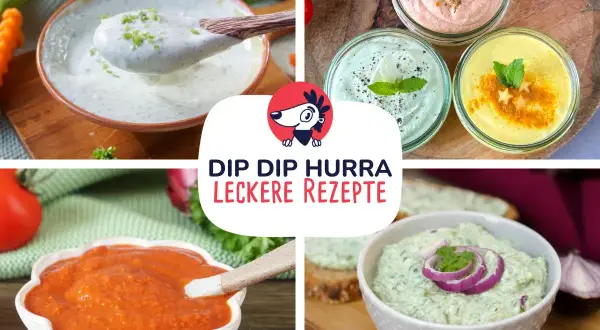Vier bunte Dips, perfekt für Focaccia: Cremig-grüner Kräuterquark, rote Paprika-Creme, helle Limetten-Creme und gelber Dip mit Gewürzen.