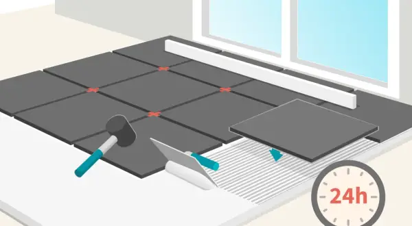 Illustration d'une pose de carrelage de terrasse avec outils, croisillons et indication de séchage 24h.
