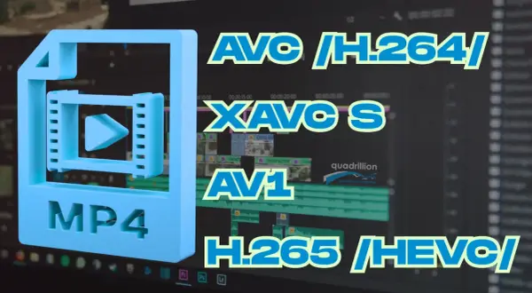 Ikony MP4 i napisy AVC/H.264/, XAVC S, AV1, H.265/HEVC/ na tle edytora wideo. Wybór kodeka wpływa na bitrate.