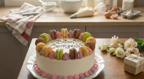Torte di compleanno particolari con macarons colorati e decorazioni in crema. Un'idea golosa per festeggiare.
