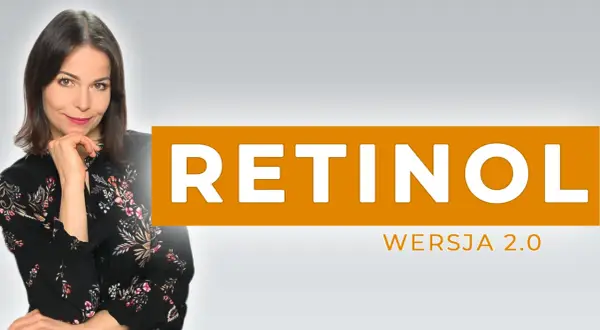 Kobieta z uśmiechem zastanawia się, czy można łączyć retinol z kwasem hialuronowym. Na ekranie napis RETINOL WERSJA 2.0.