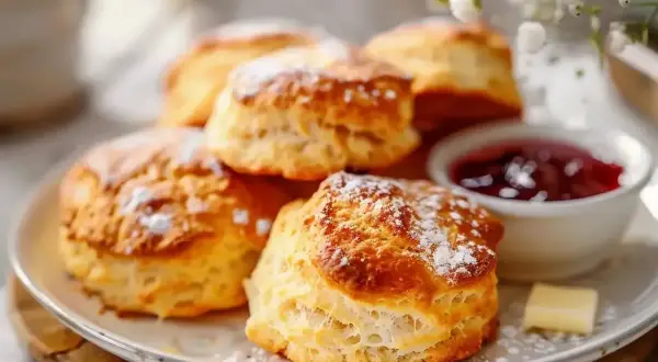 En tallrik med nybakade scones för 2, pudrade med florsocker, serveras med sylt och en klick smör. Perfekt för en mysig fika.