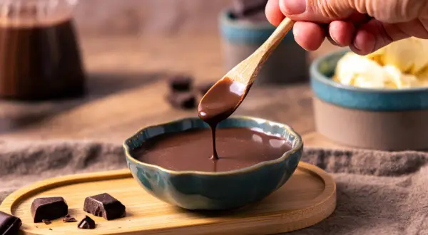 Ein Löffel mit flüssiger Schokosauce tropft in eine Schale. Perfekt für ein schokosauce rezept schnell.