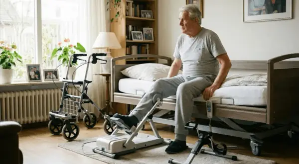 Starszy mężczyzna ćwiczy nogi na rowerku stacjonarnym, wspierając rehabilitację po operacji. Obok stoi chodzik.