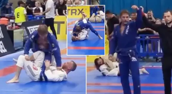 Tom Hardy i jiu jitsu. Skådespelaren tävlar i blå gi, visar upp sina färdigheter på mattan.