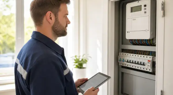 Un technicien examine un tableau électrique avec une tablette, vérifiant les compteurs et disjoncteurs. Il s'assure qu'il n'y a pas de vol d'électricité code pénal.