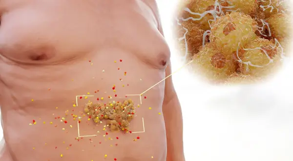 Addome con accumuli di grasso viscerale, ingrandimento di cellule adipose. Obiettivo: eliminare grasso viscerale.