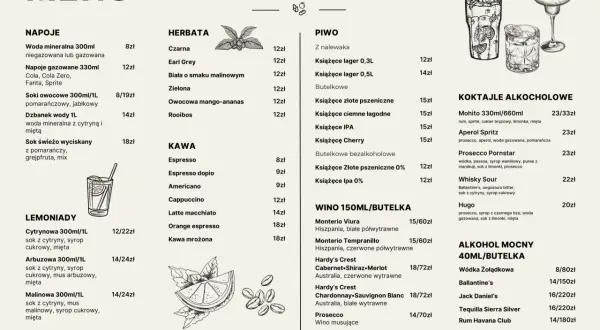 Gdański bowke menu: napoje, herbaty, piwo, kawa, wina, koktajle i mocne alkohole.
