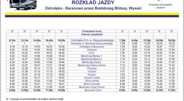 Rozkład jazdy dworzec Ostrołęka - Baranowo przez Białobrzeg Bliższy, Wyszel. Autobusy kursują od poniedziałku do piątku.