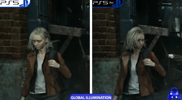 Porównanie grafiki Resident Evil Re:Verse na PS5 i PS5 Pro. Dziewczyna w brązowej kurtce, gotowa na przetrwanie.