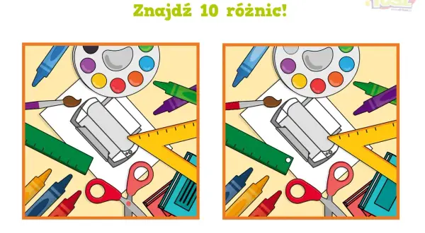Dwie identyczne ilustracje z przyborami szkolnymi. Znajdź 10 różnic dla dzieci, bawiąc się i ćwicząc spostrzegawczość.