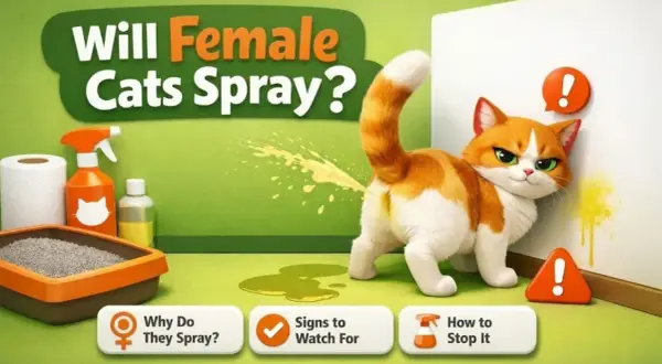 An orange and white cat sprays urine on a wall, illustrating the question: "Will female cats spray?" Learn why, signs, and how to stop it.