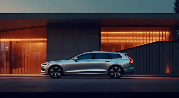 Srebrne Volvo V60 z hybrydowym silnikiem T8 zaparkowane przed nowoczesnym budynkiem z pomarańczowym podświetleniem.