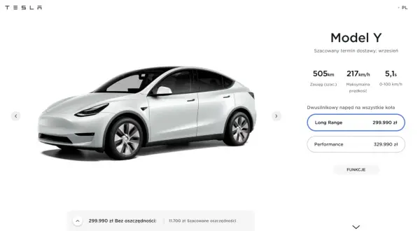Biały Tesla Model Y Long Range, którego cena to 299.990 zł, z zasięgiem 505 km.