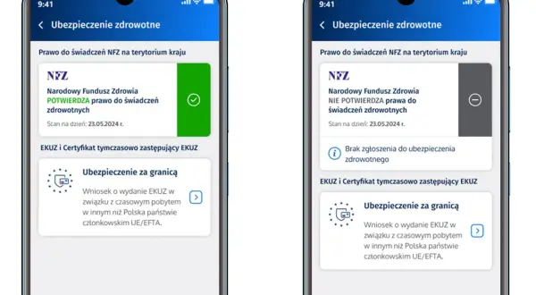 Aplikacja mobilna pokazuje, jak sprawdzić czy mam ubezpieczenie zdrowotne. Po lewej potwierdzenie, po prawej brak zgłoszenia.