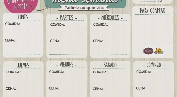 Plan nutricional semanal para estar cañón en el fiestón. Incluye espacios para comidas y cenas de lunes a domingo, y una sección para la lista de compras.