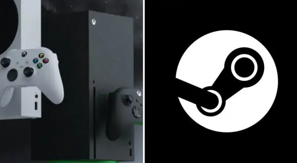 Dwa konsole Xbox Series X/S z kontrolerami i logo Steam. Marzenie o graniu w gry Steam na Xboxie.