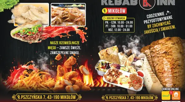 Plakat reklamowy z kebabem, frytkami, kurczakiem i napisem "Kebab Inn Mikołów".
