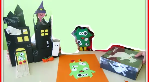 Un castello di Halloween da colorare, con fantasmi, mostri e zucche, pronto per essere decorato.