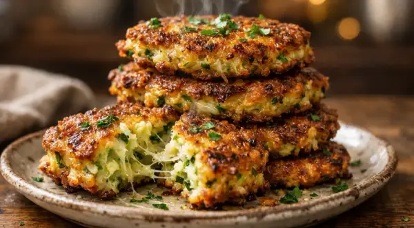 Pile de galettes de courgette dorées et croustillantes, garnies de persil frais. La vapeur s'échappe d'une galette coupée, révélant un cœur fondant.