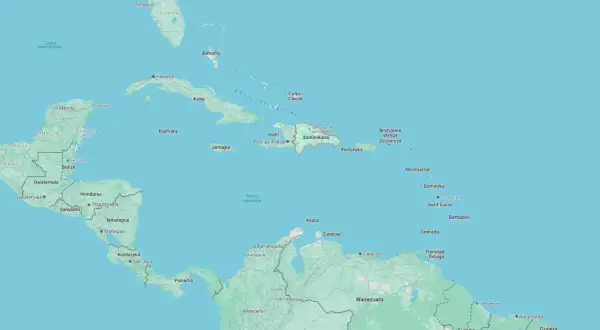 Mapa Karaibów, gdzie leży Dominikana, między Haiti a Portoryko, na Morzu Karaibskim.