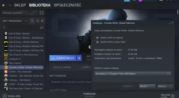 Jak usunąć grę z biblioteki Steam? Okno instalacji Counter-Strike: Global Offensive pokazuje, że gra zajmuje 27.62 GB.
