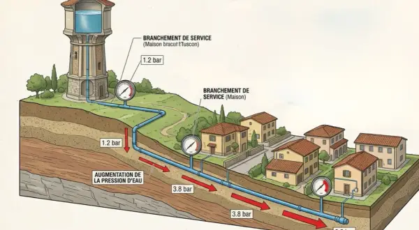 Schéma illustrant quelle pression d'eau pour une maison, de la tour d'eau aux habitations. La pression augmente dans les canalisations souterraines.