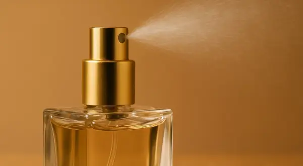 Złoty atomizer rozpyla mgiełkę perfum. Czy perfumy na lotnisku są oryginalne?
