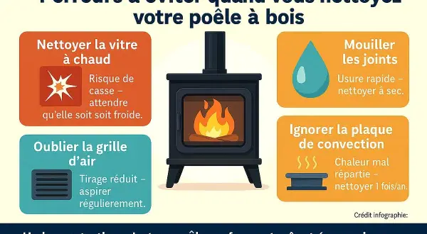 Infographie sur l'entretien d'un poêle à bois, montrant une cheminée et 4 erreurs à éviter, dont la sortie fumée poele a bois.
