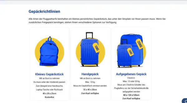 Jaki bagaż można zabrać do samolotu Ryanair: mały bagaż podręczny (plecak, torba), bagaż podręczny (do 10 kg) i bagaż rejestrowany (10 lub 20 kg).
