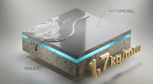 Flytspackla golv: primer appliceras på betong, sedan ett lager flytspackel. 1,7 kg/mm.
