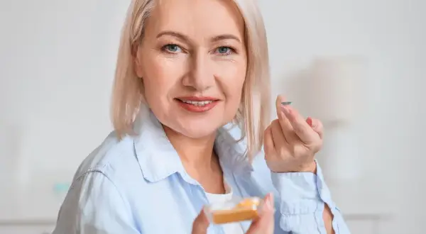 Kobieta trzyma soczewkę kontaktową na palcu i pojemniczek z soczewkami.