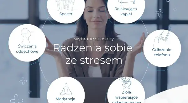 Kobieta medytuje, pokazując sposoby radzenia sobie ze stresem: ćwiczenia oddechowe, spacer, relaksująca kąpiel, odłożenie telefonu, medytacja/joga, zioła.