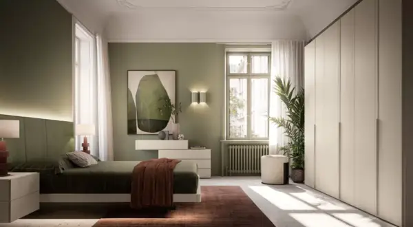 Camera da letto con un elegante abbinamento verde e tortora. Pareti verdi, letto con testiera imbottita, armadio tortora e un quadro astratto.