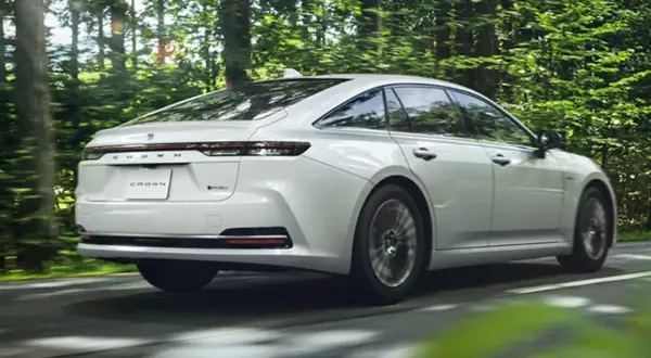 Biały Toyota Crown sunie przez zielony las.