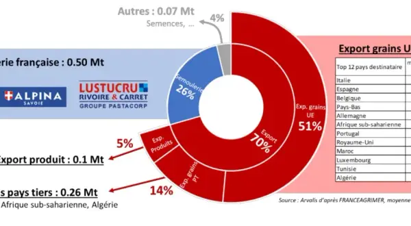 Graphique montrant les exportations de blé dur. La semoulerie française représente 0.50 Mt. L'exportation de grains UE est de 1 Mt.