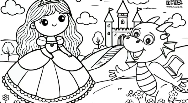 Urocza księżniczka i przyjazny smok na tle zamku. Idealne obrazki do rysowania dla dzieci.