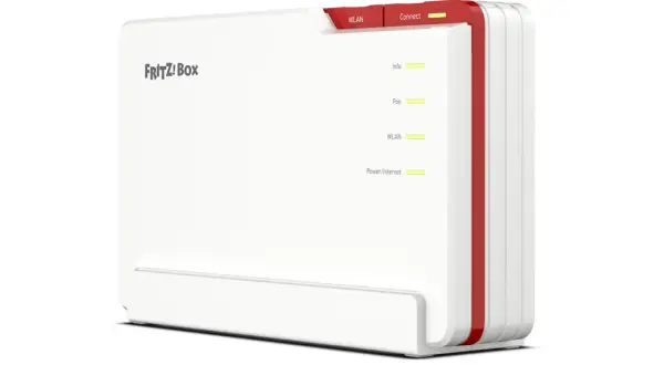 Biały router Fritz!Box z czerwonymi akcentami i świecącymi diodami LED.