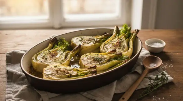 Fenouil rôti au four, parfumé aux herbes, prêt à être dégusté. Une recette simple et savoureuse.