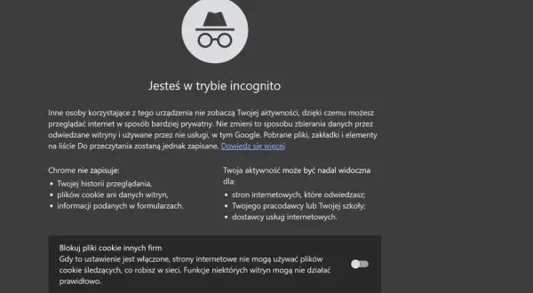 Ikona okularów i kapelusza symbolizuje, że jesteś w trybie incognito. Przeglądaj prywatnie, ale pamiętaj, że Twoja aktywność może być widoczna dla pracodawcy.