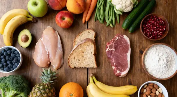 Fruits, légumes, viandes, et une farine pour une alimentation sans gluten.