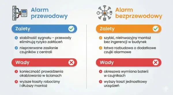 Porównanie alarmów: przewodowy (stabilny, zasilany z centrali) i bezprzewodowy (łatwy montaż, ale wymaga baterii). Czujka tlenku węgla działa w obu systemach.