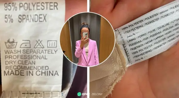 Metka z informacją o składzie: 95% poliester, 5% spandex. Obok metka z napisem "100% POLYESTER". Kobieta w różowej marynarce.