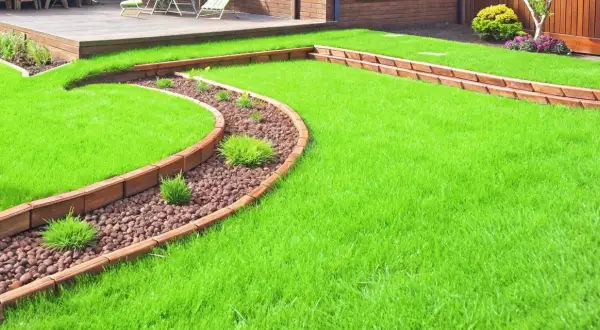 Curving wooden borders define a lush green lawn, showcasing creative landscape border ideas with a pebble-filled garden bed.