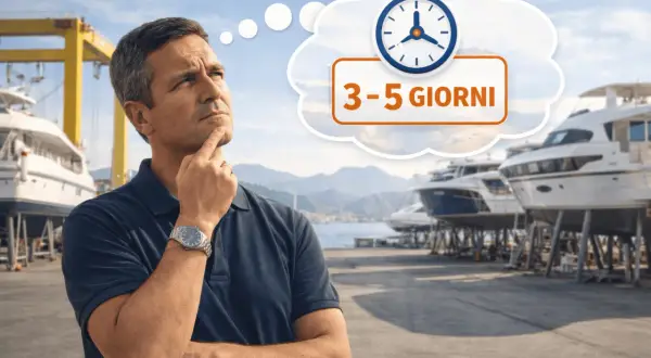 Uomo pensieroso in cantiere navale, con una nuvoletta che indica "3-5 giorni" e un orologio, suggerendo tempi per una perizia nautica.
